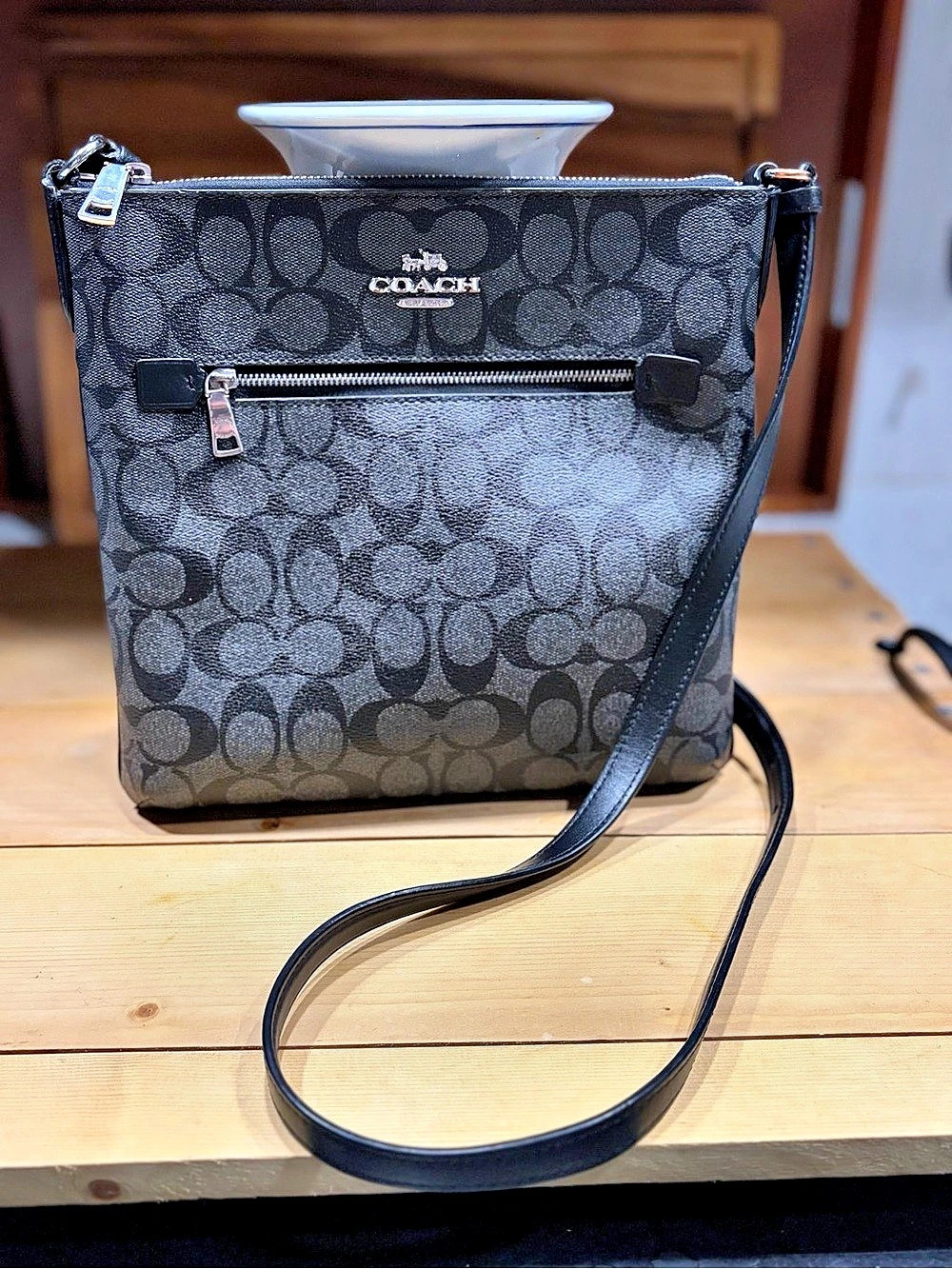 Coach Signature Canvas File Bag Crossbody Black & Gray